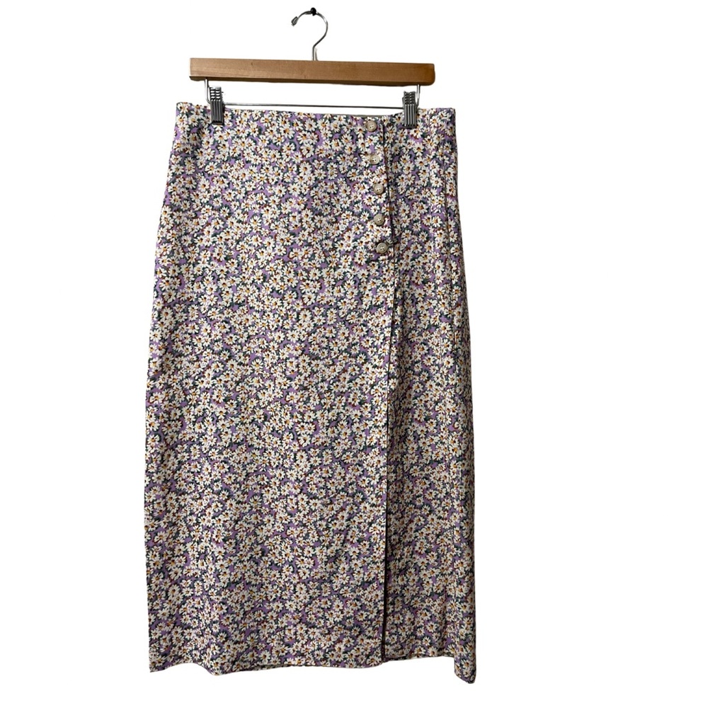 Zara Sunflower Colorful Knee High Split Linen Blend Floral Skirt Size XL